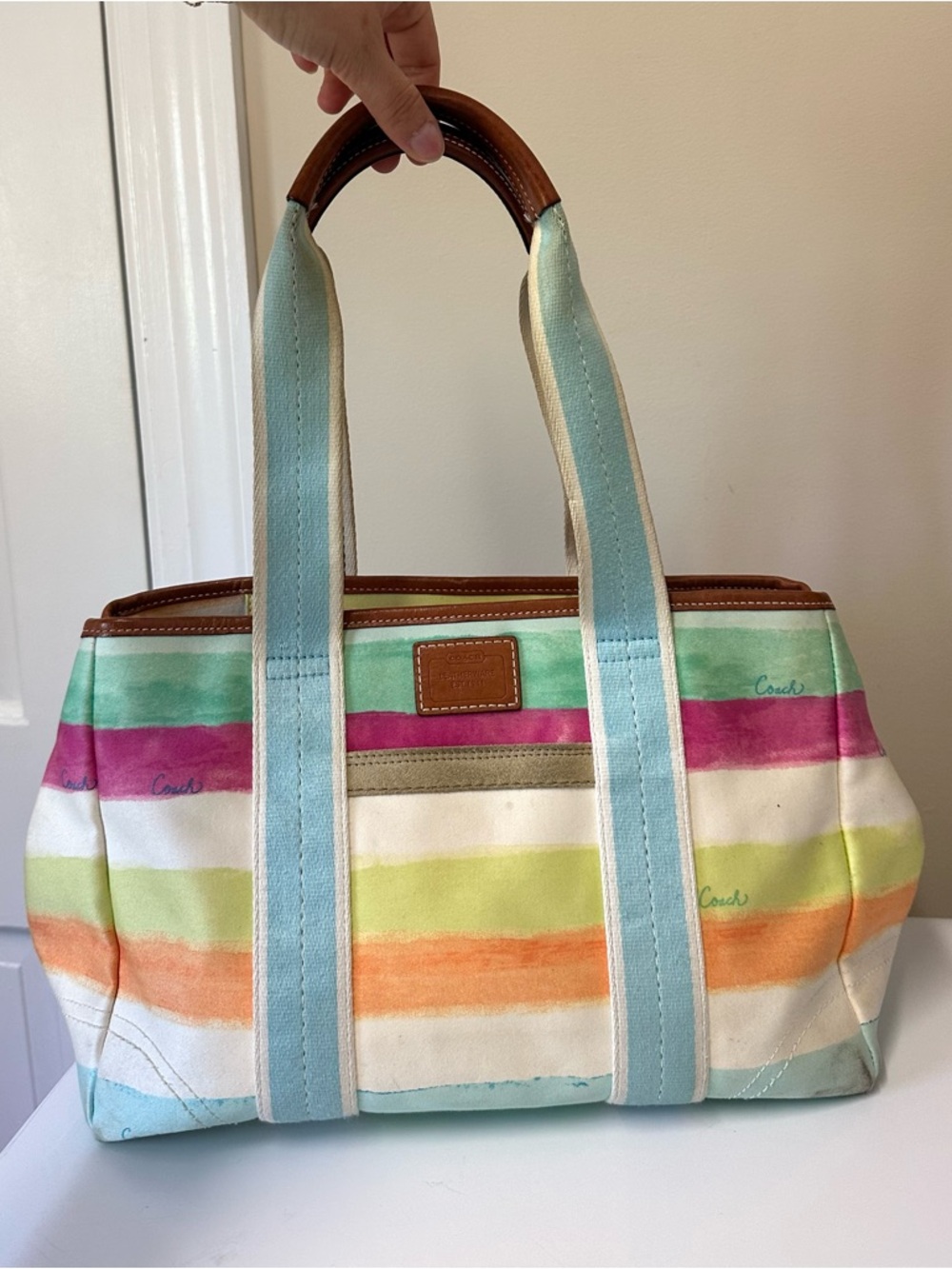 Coach Hampton Watercolor Stripe Canvas Leather Tote Bag